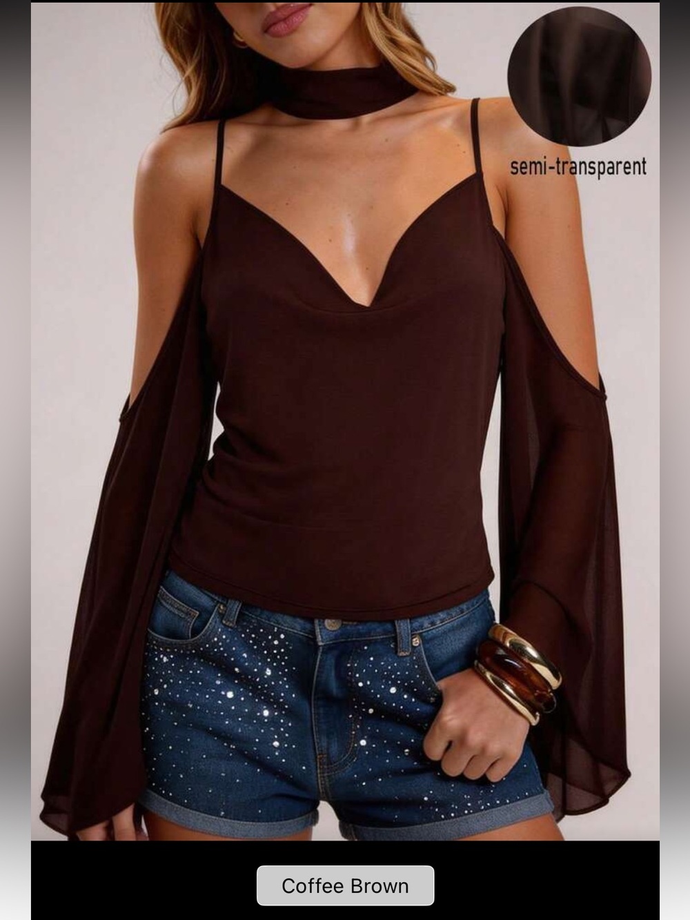 Glamine Women's Dark Brown Summer Chiffon Camisole Cold Shoulder Long Sleeve Top